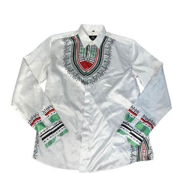 NWOT SWORD KING White Patterned Long Sleeve Button Up Shirt Size XXXL (XL) - Picture 1 of 10
